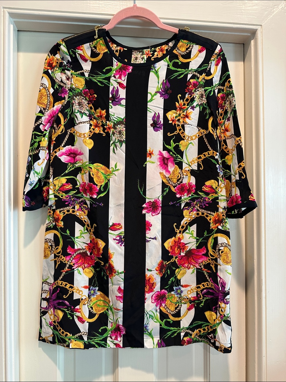 Juicy Couture Black & White Striped Floral Mini Dress with Gold Chain Print
